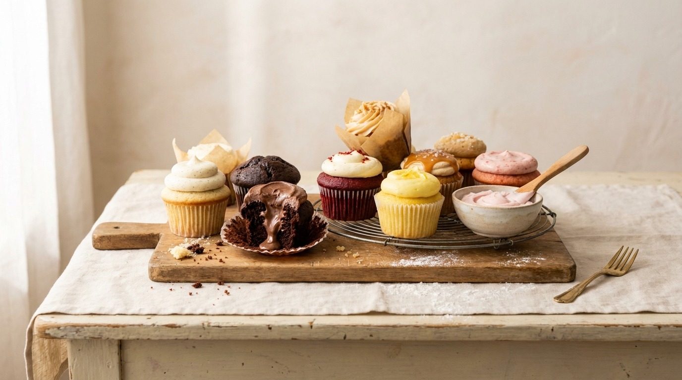 A dozen cupcakes from The Bakehearth Cupcake Book on a wooden board