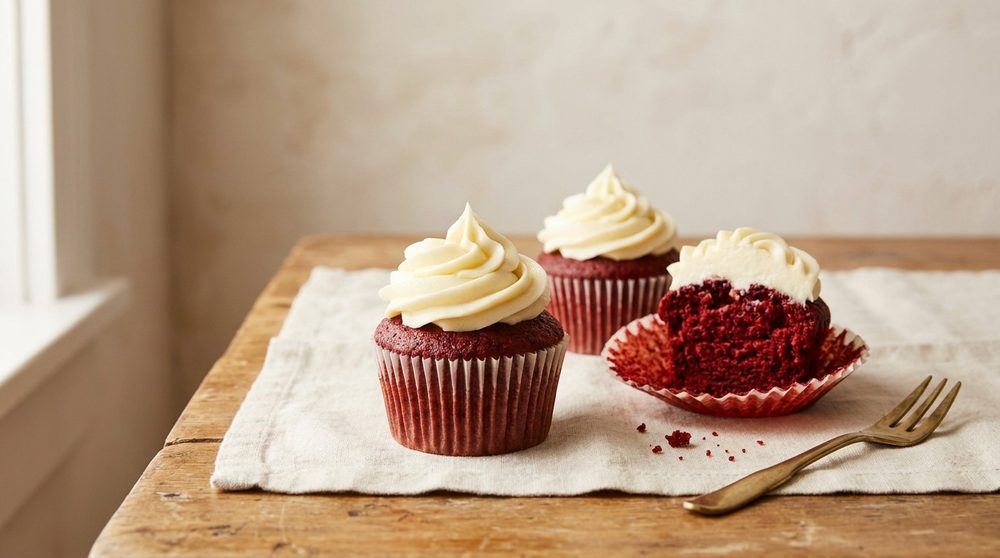 Red velvet cupcakes, one cut open to show the crumb